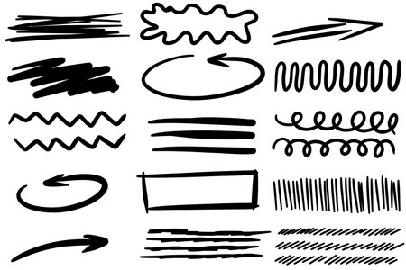 Set of doodle swirls, broken lines and arrow. Hand-drawn geometric shapes. Abstract sketch black symbols.のイラスト素材