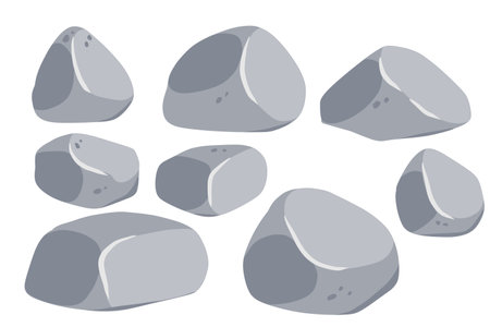 Set of stones. Gray cobblestone. Element of nature and mountains. Items for decoration and background. Flat cartoon. Boulder cobble debris. Block granite material.のイラスト素材
