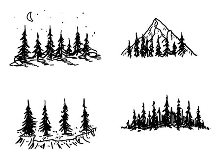Forest trees silhouette. Set of Stencil of pine. Winter park landscape. Wooden decor element with mountain. Concept of adventure and travel, active lifestyle in natureのイラスト素材