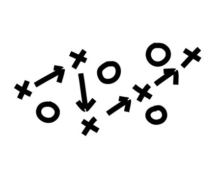 Sports tactics and strategy. Scheme of movement of team player. Combination of crosses and circles with path arrows. Pitch ball instructions.のイラスト素材