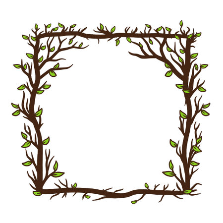 Tree frame, floral square border. Plant and twig decoration isolated on white background. Black outline silhouette. Decorative vintage scary element with leaf. Dark forest concept.のイラスト素材