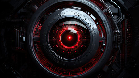 Digital eye. Cyber security network. abstract technology red background. Futuristic tech business innovation wallpaper. AI Generated. Concept of system scan and connection.の写真素材