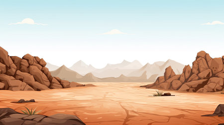 Cartoon desert landscape with rocks. Sand, mountains and hot summer scene with copy space. AI Generated. Mexican or western backgroundの写真素材