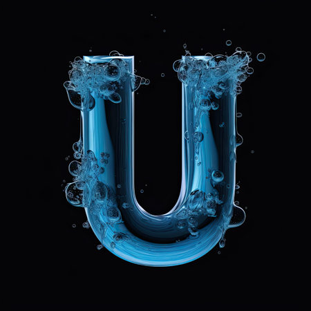 Letter U made of water. Font with splashes and drops of blue liquid. Typographic symbol with jet and splash. Marine concept of freshness, fluidity and the sea. AI Generatedの写真素材