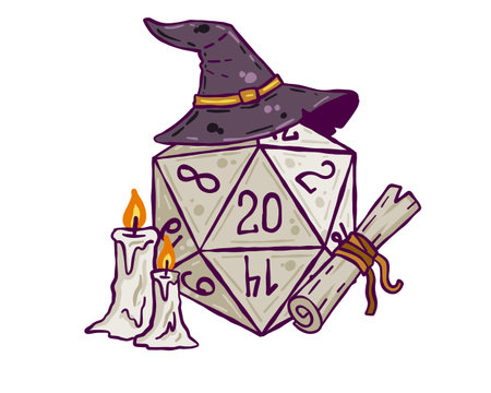 Dice for playing DnD. Tabletop role-playing game Dungeon and dragons with d20. Magical role of sorcerer with witch hat.のイラスト素材