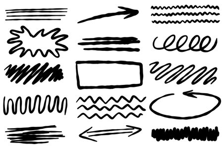 Set of doodle swirls, broken lines and arrow. Hand-drawn geometric shapes. Abstract sketch symbols.のイラスト素材
