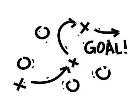 Sports tactics and strategy. Scheme of movement of team player. Combination of crosses and circles with path arrows. Pitch ball instructions.のイラスト素材