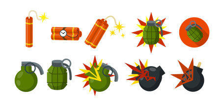 Bomb and explosive objects. Red stick of dynamite. Set of Dangerous elements. Yellow flash. Blast and fire. Cartoon flat illustrationのイラスト素材