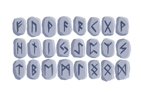 Scandinavian stone runes. black letters on white background. Set of old Norse Runic alphabet, Futhark. Ancient occult Viking characters on white background, rune font.のイラスト素材