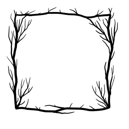 Tree frame, floral square border. Plant and twig decoration isolated on white background. black outline silhouette. decorative vintage scary element. Dark forest concept.のイラスト素材