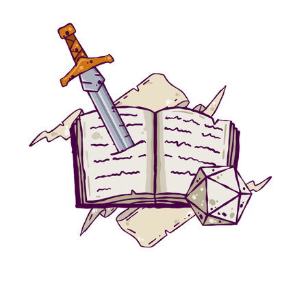 Dice d20 for playing Dnd. RPG board game. Concept of RPG with book, dice and fantasy magic sword. Cartoon outline drawn illustration.のイラスト素材