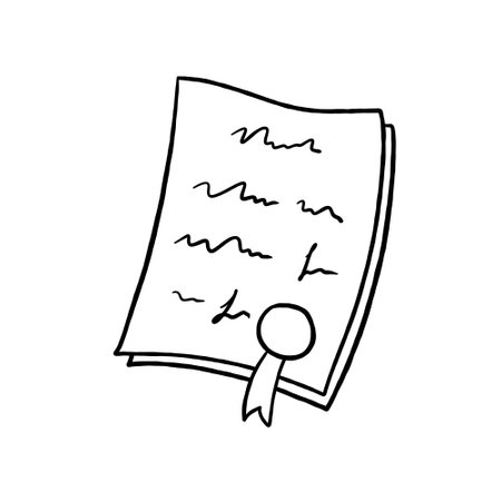 Certificate or paper document with seal. Diploma file with stamp, legal agreement illustration. Business page, law sheet with sign. Award and education contract with signatureのイラスト素材