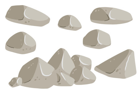 Set of stones. Beige cobblestone. Element of nature and mountains. Items for decoration and background. Flat cartoon. Boulder cobble debris. Block granite material.のイラスト素材
