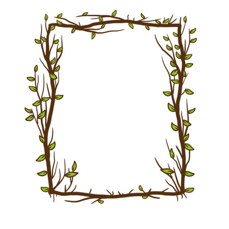 Tree frame, floral square border. Plant and twig decoration isolated on white background. Black outline silhouette. Decorative vintage scary element with leaf. Dark forest concept.のイラスト素材
