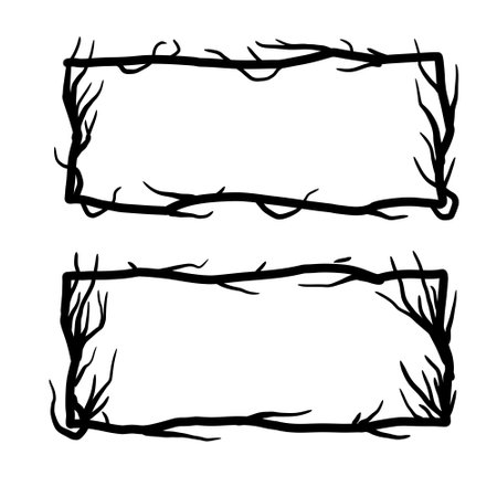 Tree frame, floral horizontal border. Plant and twig decoration isolated on white background. black outline silhouette. decorative vintage scary element. Dark forest concept.のイラスト素材