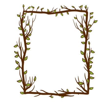 Tree frame, floral square border. Plant and twig decoration isolated on white background. Black outline silhouette. Decorative vintage scary element with leaf. Dark forest concept.のイラスト素材
