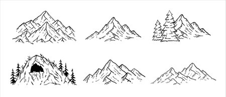 Mountain landscape. Fantasy Sketch peak, engraving nature rock illustration. Set of natural cartoon cliff. Vintage hiking outdoor land, highlands landmarkのイラスト素材