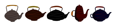 Tea set. Kitchen utensils. Teapot. Doodle illustration isolated on white backgroundのイラスト素材