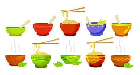 Chinese noodles in clay bowl. Oriental cuisine. Japanese Street fast food wok pasta. Chopsticks. Flat cartoon illustration isolated on whiteのイラスト素材