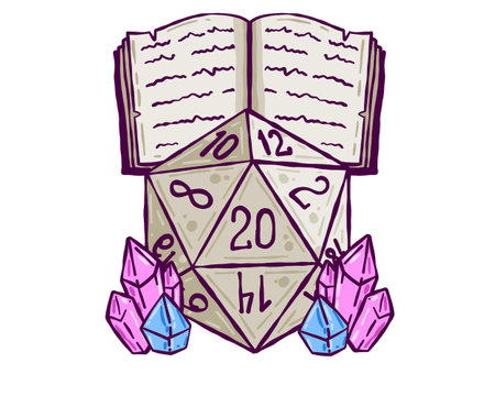 Dice d20 for playing Dnd. Dungeon and dragons board game. Cartoon outline drawn illustration with magic gems and spell bookのイラスト素材