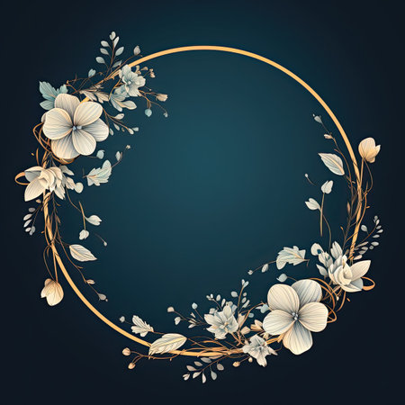 Flower wreath. Festive decoration for wedding and date on dark background. Concept of love and romance in golden and green color. Circle Floral bouquet ornament. AI Generatedの写真素材