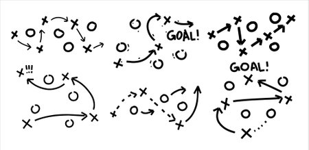 Sports tactics and strategy. Scheme of movement of team player. Combination of crosses and circles with path arrowsのイラスト素材