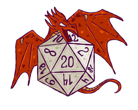 Dice d20 for playing Dnd. Dungeon and dragons board game. Cartoon outline drawn illustration. A magical creatureのイラスト素材
