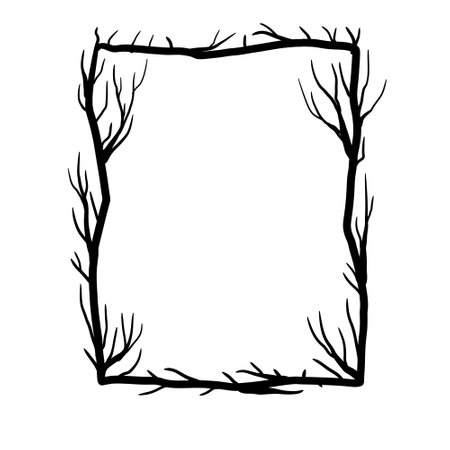 Tree frame, floral square border. Plant and twig decoration isolated on white background. Black outline silhouette. Decorative vintage scary element. Dark forest concept.のイラスト素材
