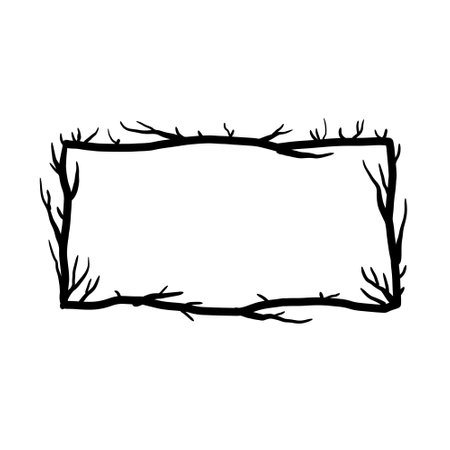 Tree frame, floral horizontal border. Plant and twig decoration isolated on white background. black outline silhouette. decorative vintage scary element. Dark forest concept.のイラスト素材