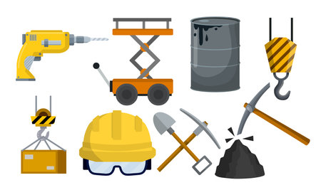 Yellow helmet worker. Safety glasses Builder. cartoon flat illustration. Repair and engineering works. Clothing for safety of production. industrial objectのイラスト素材