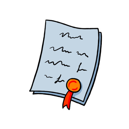 Certificate or paper document with seal. Diploma file with stamp, legal agreement illustration. Business page, law sheet with sign. Award and education contract with signatureのイラスト素材