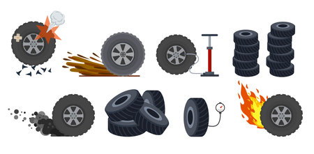 Wheel tire, detail of auto vehicle. Concept of different tire operations - pressure pumping, fire, dirt. Cartoon illustration isolated on white backgroundのイラスト素材