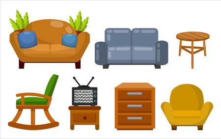 Old TV. Retro appliances with antenna on a small table. Furniture bedside table. An element of the room interior. Flat cartoon illustrationのイラスト素材