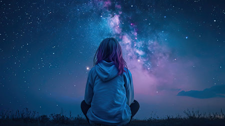 Back of Pretty sitting girl. Woman in a hoodie looks at beautiful starry sky. Concept of thoughtfulness, calmness and romance. AI Generatedの写真素材