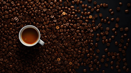 Coffee beans on dark surface. Cup of Americano coffee, top view. Empty space for a template and a...