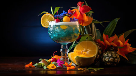 Exotic cocktail for party. Fruit juice, refreshing cool drink beverage in glass. Healthy food, alcohol bar. Smoothie with strawberry soda and tequila. AI Generatedの写真素材