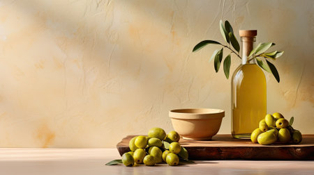Plate of olives and oil bottle or jar. Empty space for copy space and template. Mediterranean cuisineの写真素材