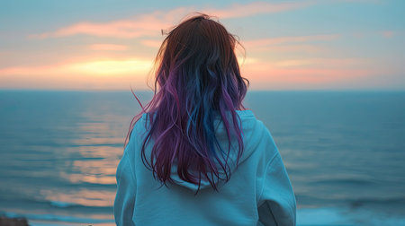 Back of sitting pretty girl. Woman in hoodie sitting on ocean shore. Beautiful seascape. Concept of...