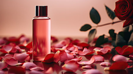 Perfume with scent of roses. Concept of tenderness and femininity. Pink glass perfume bottle. Cosmetic product among the petals of flowers. AI generatedの写真素材