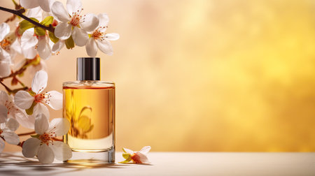 Jar of natural lotion or perfume. Presentation and mockup of aromatherapy product. Business template for cosmetics and skin care. Moisturizing yellow essential. AI Generated. Flowers and petalsの写真素材