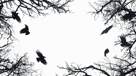 Silhouette of birds in misty forest. Creepy concept of ravens among trees. Halloween background for fear and horror. AI Generatedの写真素材