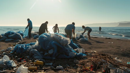 Volunteers clean up on the beach. Group of people with plastic bags at work on seashore. Oceanic...