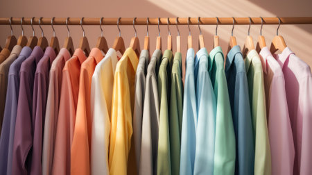 Hanger with colorful shirts. Set of clothes in rainbow colors. Wardrobe and Fitting room in a casual store. Fashion and style AI generatedの写真素材