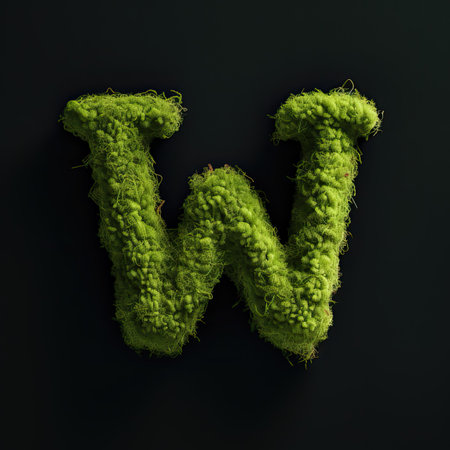 Letter W with moss. Large soft forest font. Green typographic symbol made of leaves. Concept of comfort, nature and ecology. AI Generatedの写真素材