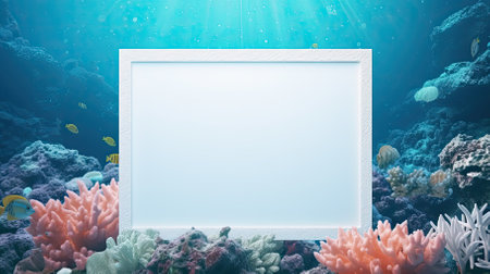 Empty photo frame on a marine background with algae. A mockup in a tropical style. Natural Business template for vacations and beach holidays. AI generatedの写真素材