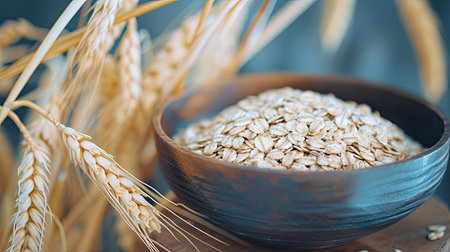 Oatmeal and cereals in rustic bowl. Retro Plate with natural food. Concept of healthy nutrition,...