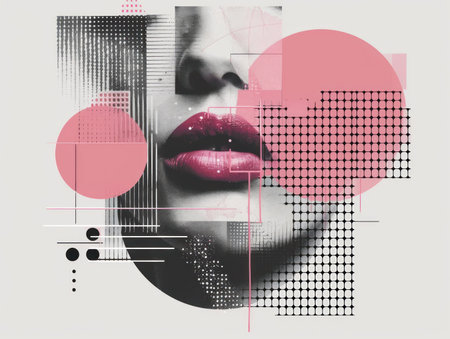 Beauty female lips. Halftone vintage woman smile. Retro fashion grunge minimal illustration. Texture dot effect. AI generatedの写真素材