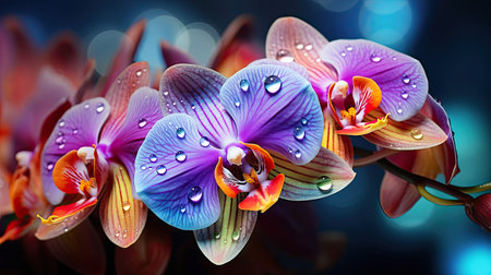 Orchid with drops of water. Beautiful pink and blue flower. Concept of nature, beauty and...