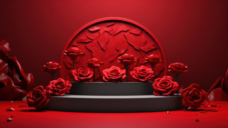 Pedestal base for mockup with rose. AI generated. Podium red flower template, Presentation of...
