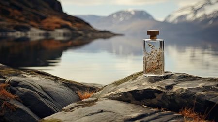 Fragrance perfume stand on stone against background of nature. Men perfume, concept of northern freshness, mountains and the sea. Glass bottle on a rock, rustic style. AI Generatedの写真素材